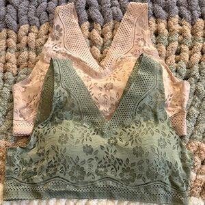 Lace V-Neck Women bras - Green and Beige set of 2
